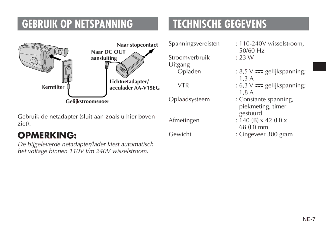 JVC AA V15EG manual Technische Gegevens, Opmerking 