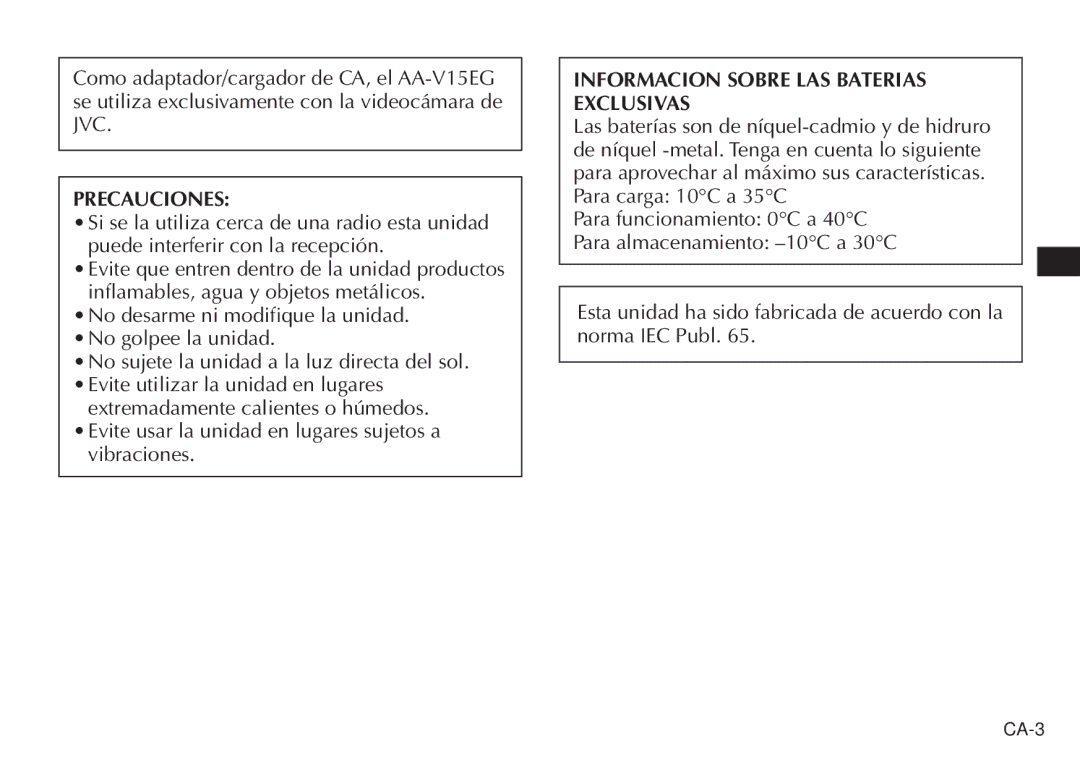 JVC AA V15EG manual Precauciones, Informacion Sobre LAS Baterias Exclusivas 