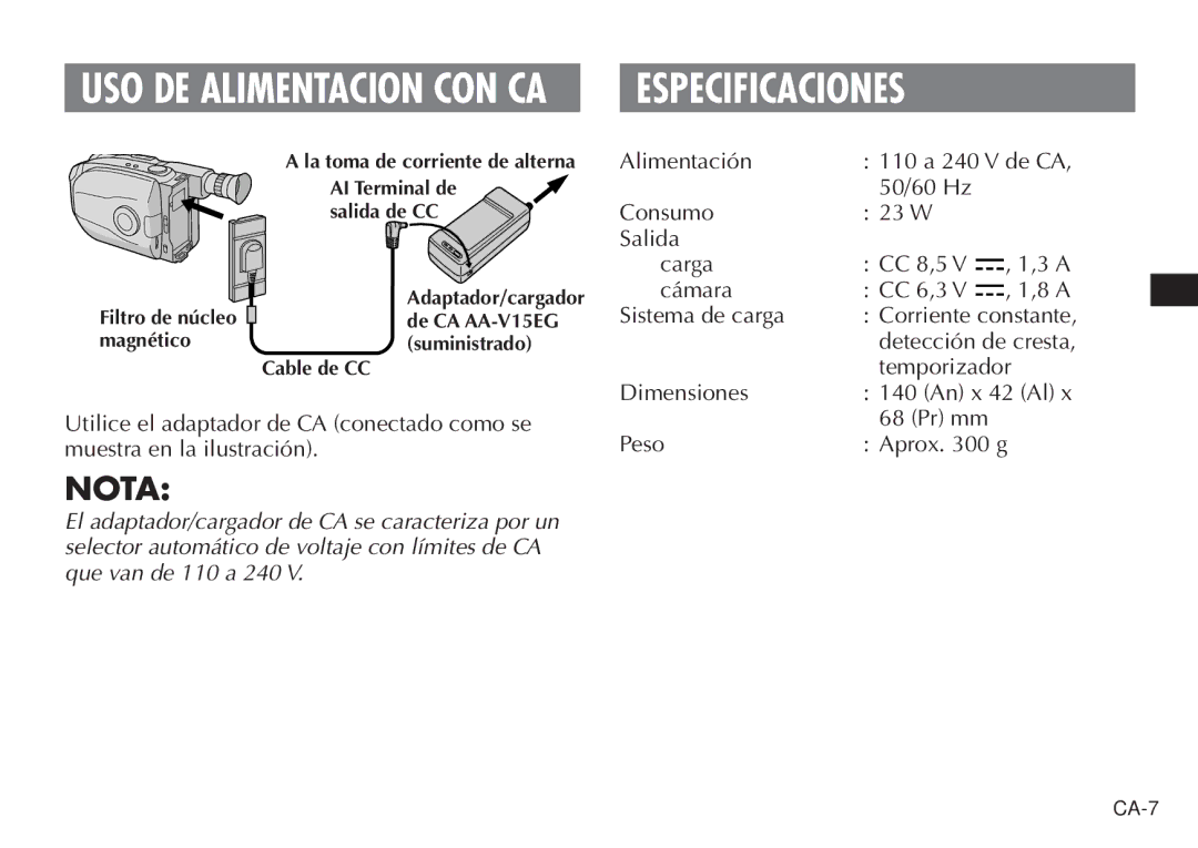 JVC AA V15EG manual Especificaciones, Nota 