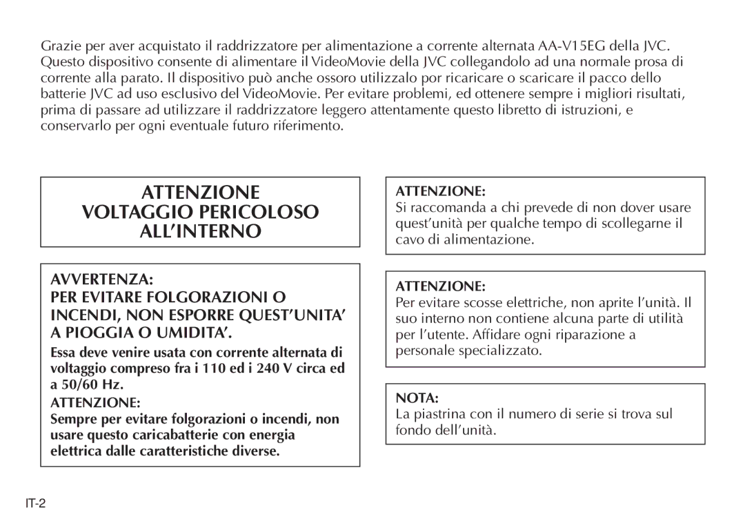 JVC AA V15EG manual Attenzione Voltaggio Pericoloso ALL’INTERNO 