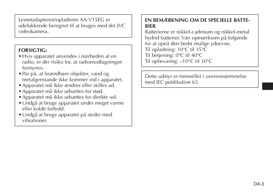 JVC AA V15EG manual EN Bemærkning OM DE Specielle BATTE- Rier 