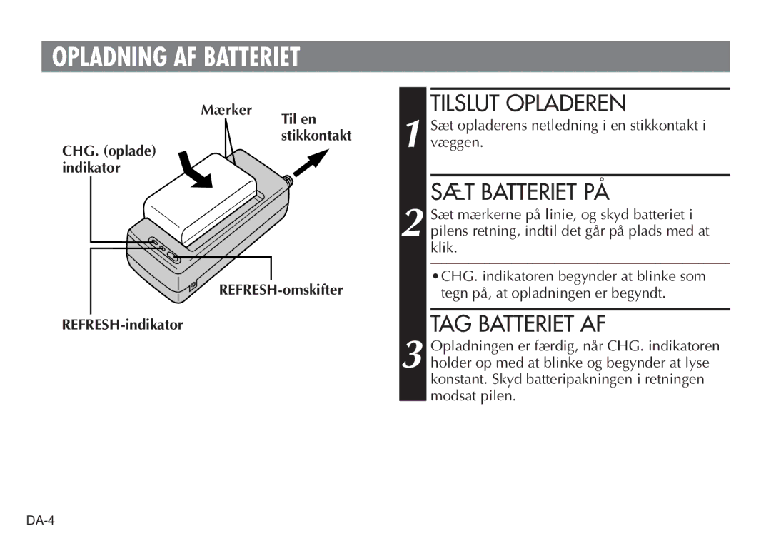 JVC AA V15EG manual Opladning AF Batteriet, Tilslut Opladeren, SÆT Batteriet PÅ, TAG Batteriet AF 