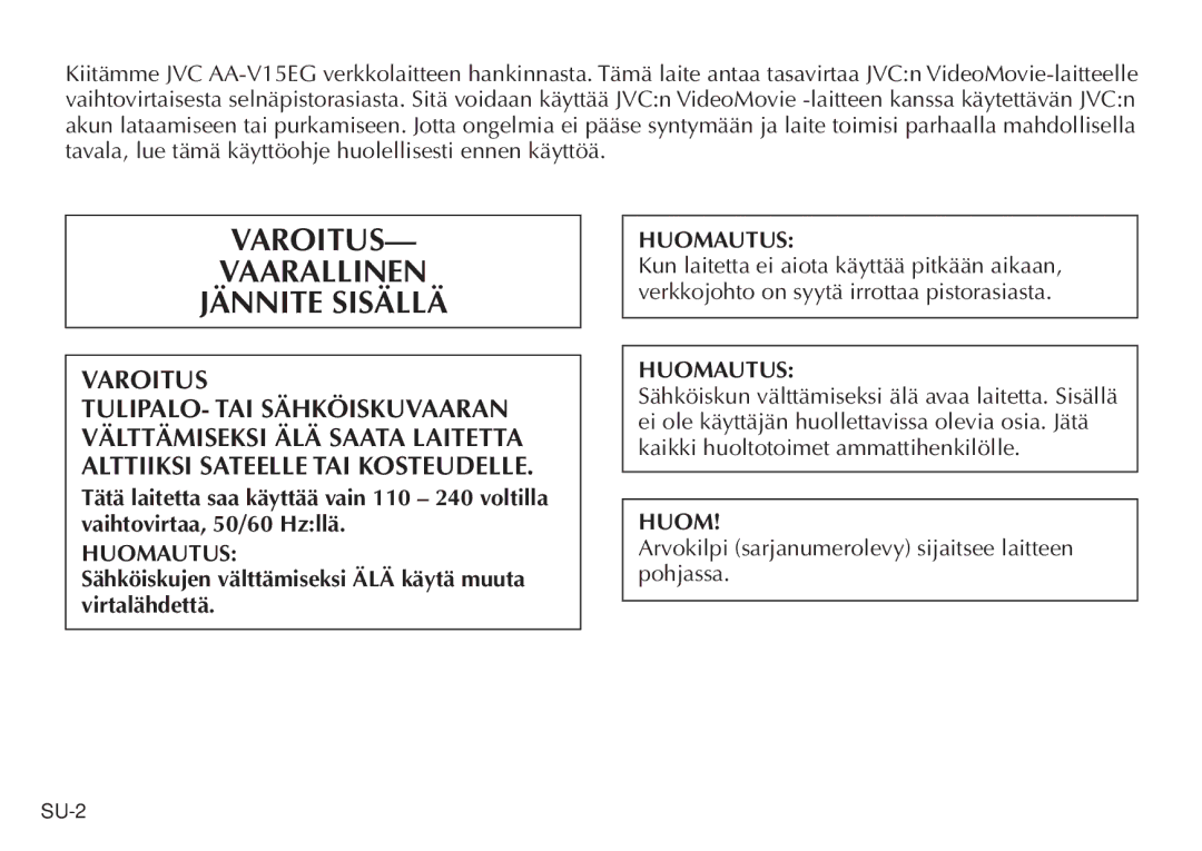 JVC AA V15EG manual Varoitus Vaarallinen Jännite Sisällä, Huomautus 