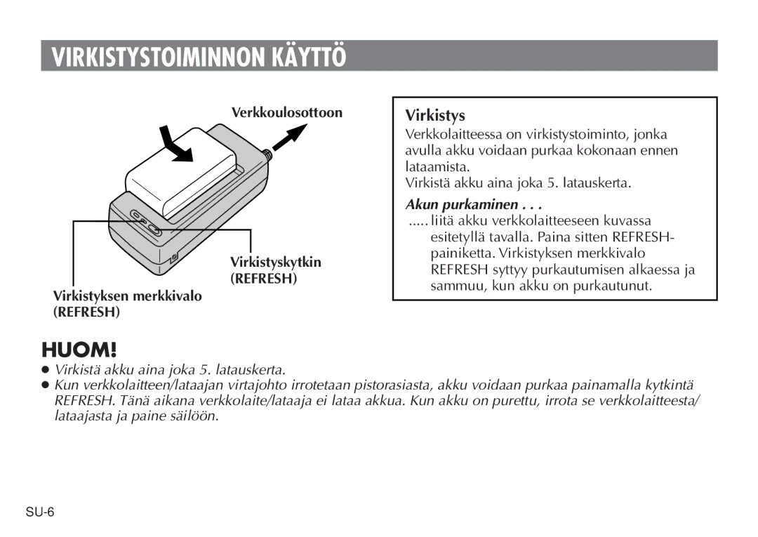 JVC AA V15EG manual Virkistystoiminnon Käyttö, Akun purkaminen 