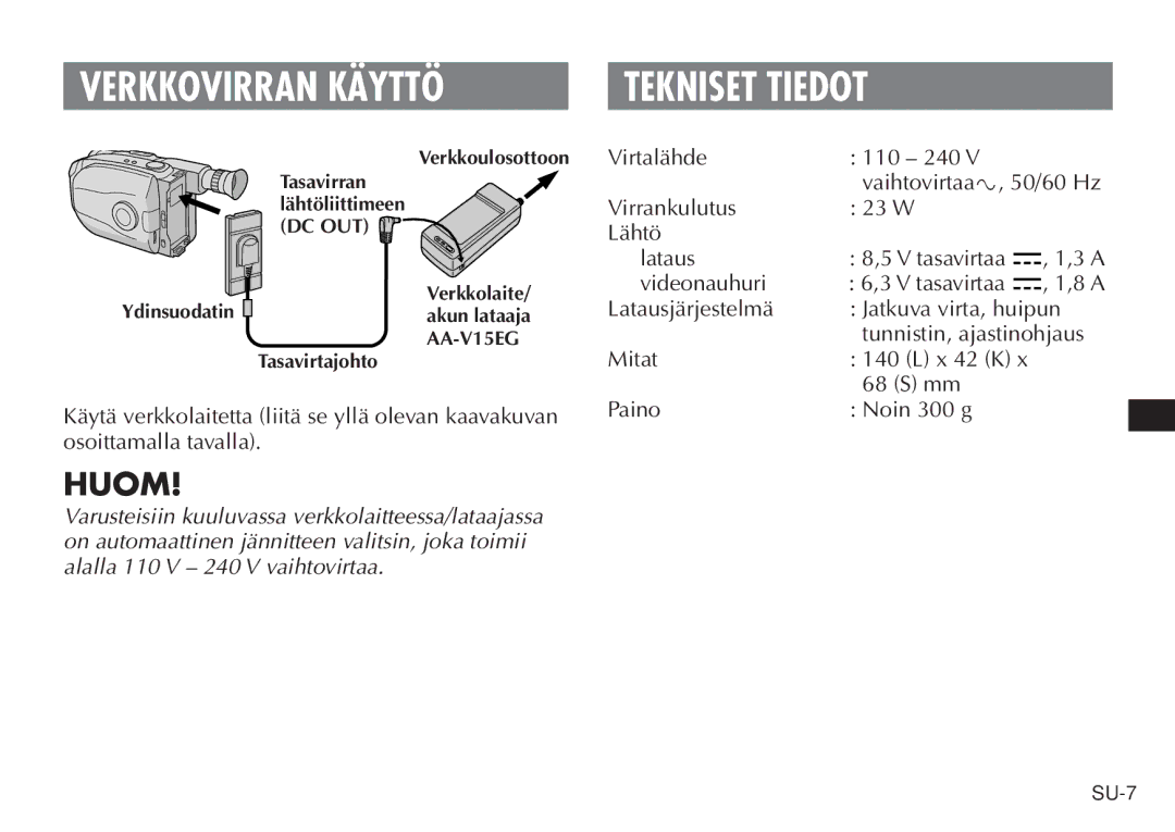 JVC AA V15EG manual Tekniset Tiedot, Paino Noin 300 g 