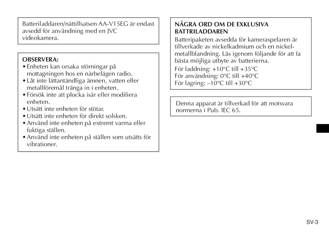 JVC AA V15EG manual Några ORD OM DE Exklusiva Battriladdaren 