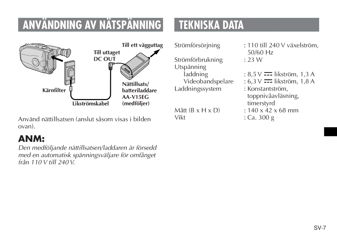 JVC AA V15EG manual Tekniska Data, Användning AV Nätspänning 