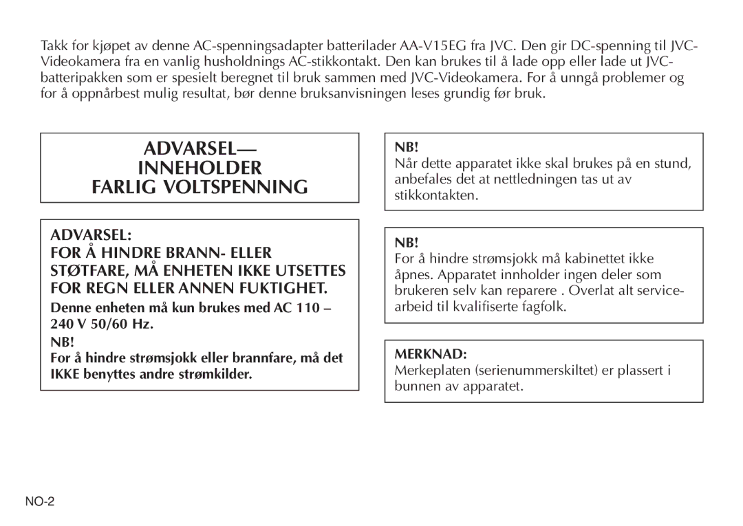 JVC AA V15EG manual Inneholder Farlig Voltspenning, Merknad 