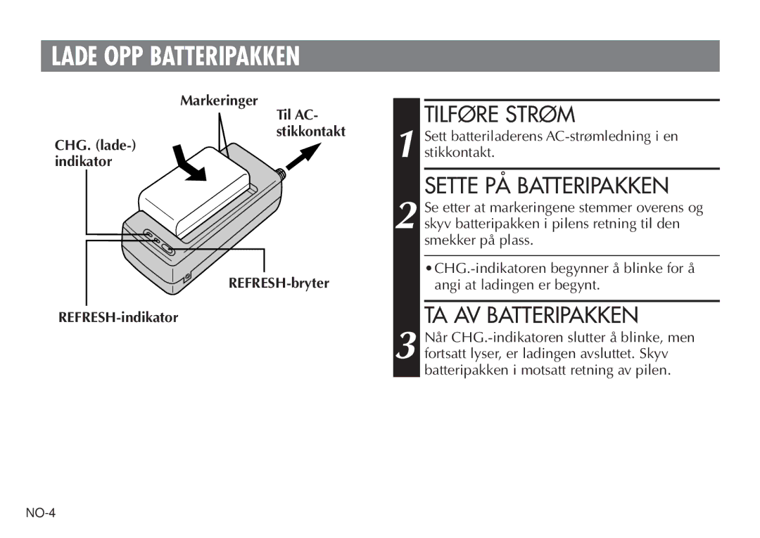 JVC AA V15EG manual Tilføre Strøm, Sette PÅ Batteripakken, TA AV Batteripakken 