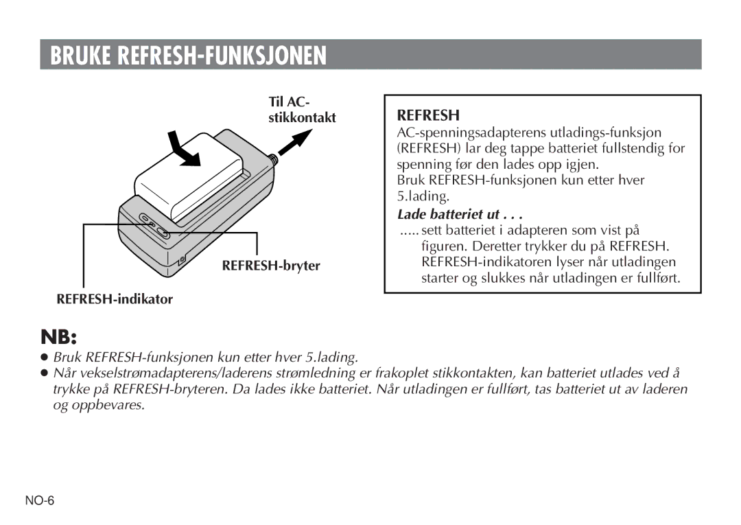 JVC AA V15EG manual Bruke REFRESH-FUNKSJONEN, Lade batteriet ut 