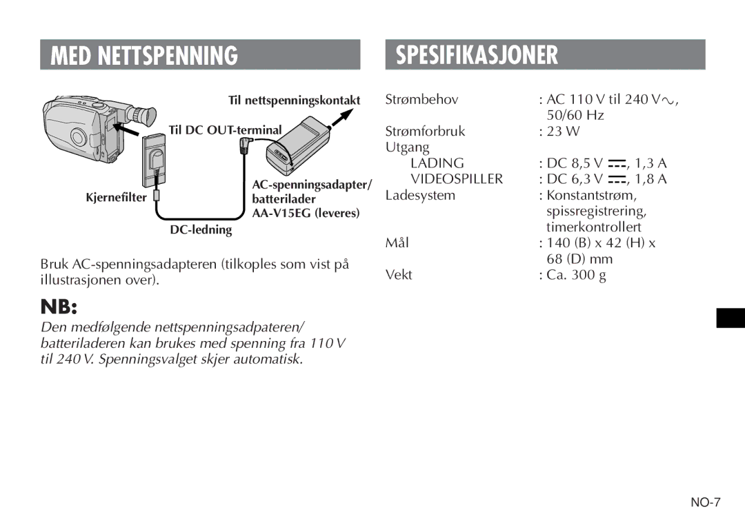 JVC AA V15EG manual MED Nettspenning Spesifikasjoner, Videospiller 