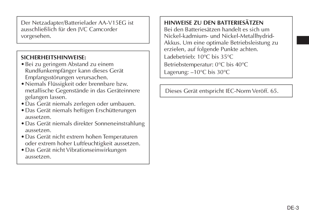 JVC AA V15EG manual Sicherheitshinweise 