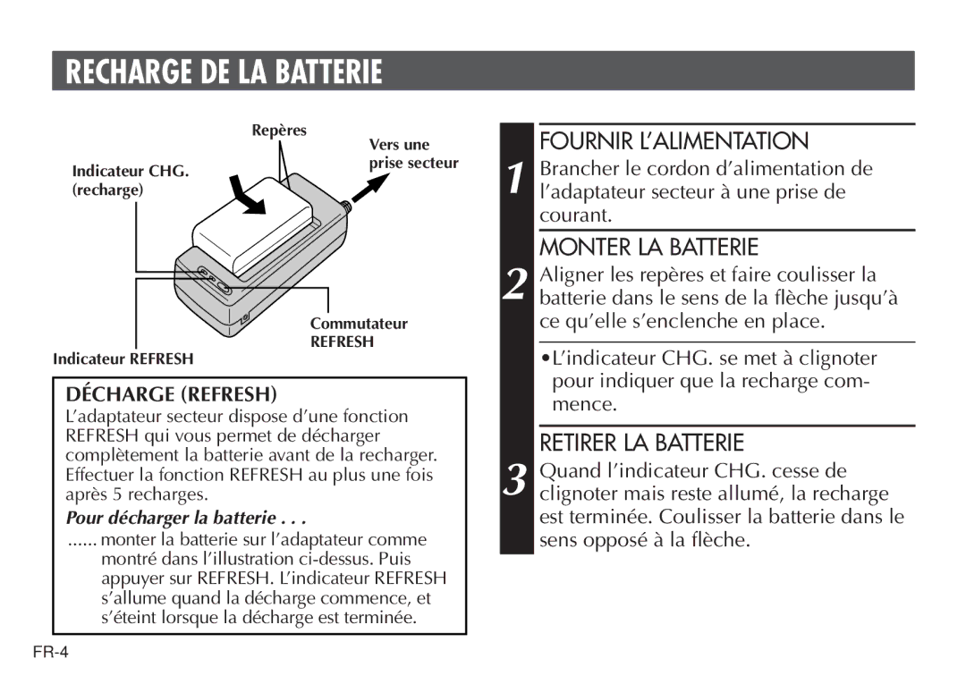 JVC AA V15U manual Recharge DE LA Batterie, Décharge Refresh 