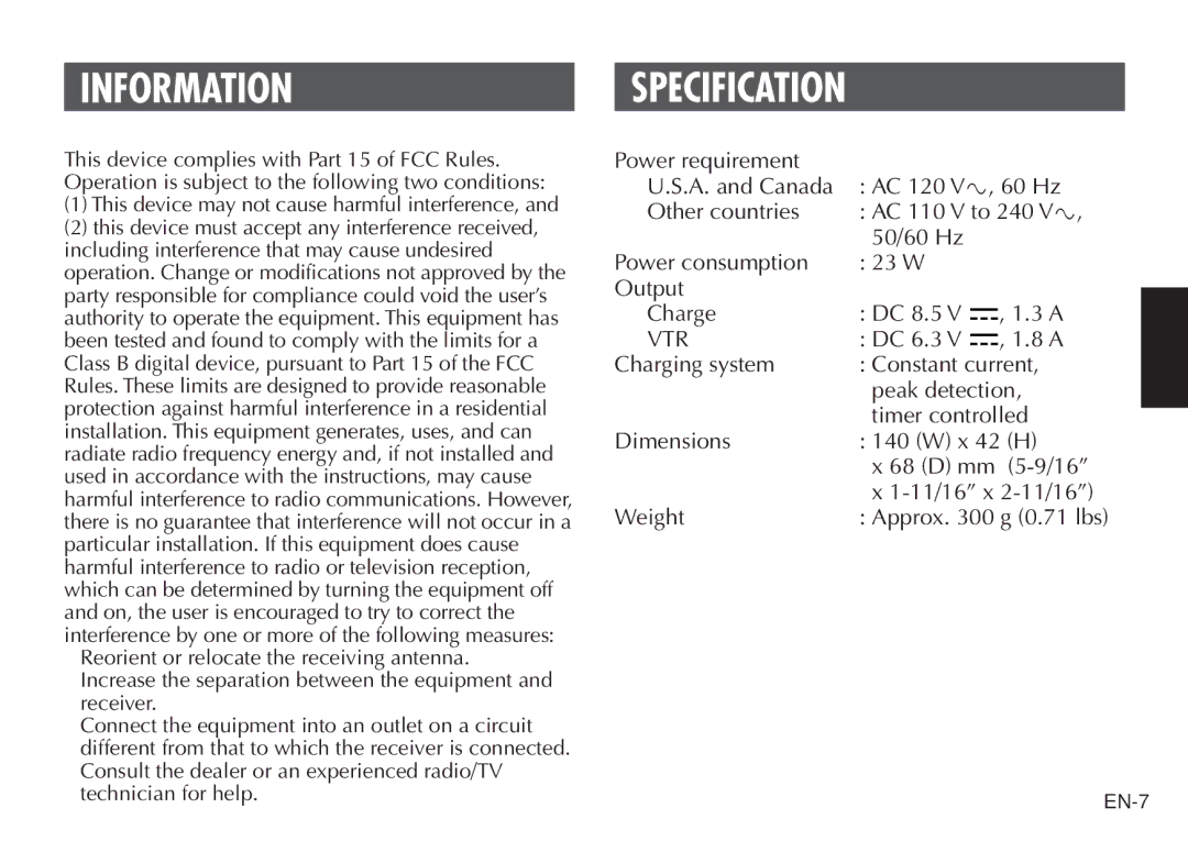 JVC AA V15U manual Informationspecification, Vtr 