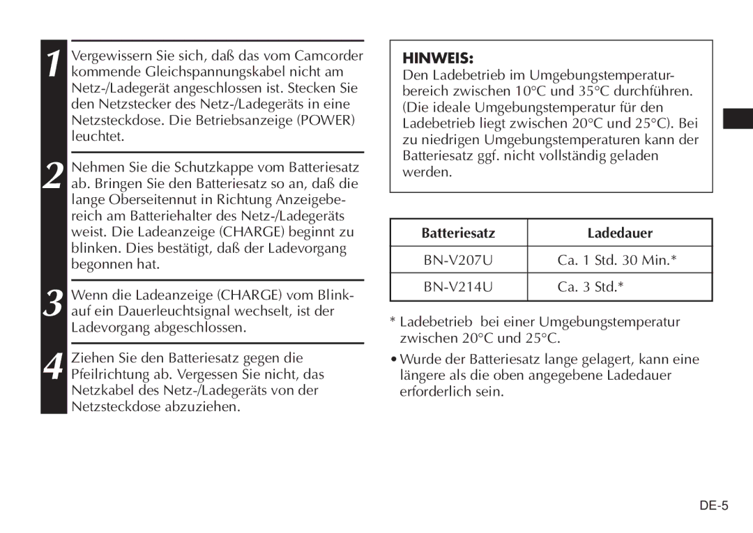 JVC AA-V20EG/EK manual Hinweis, Batteriesatz Ladedauer 