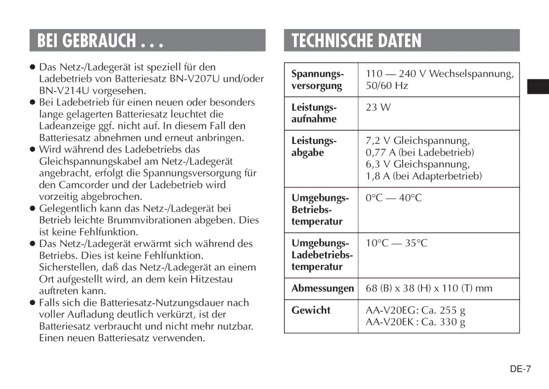 JVC AA-V20EG/EK manual BEI Gebrauch, Technische Daten 