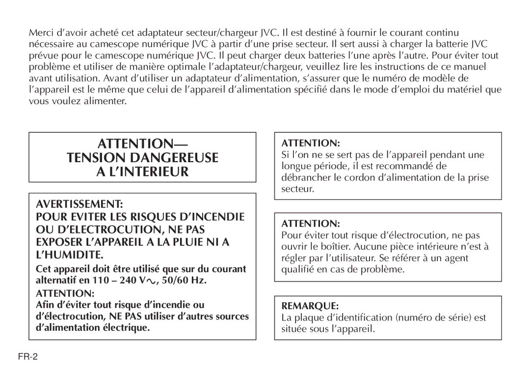 JVC AA-V20EG/EK manual Tension Dangereuse ’INTERIEUR, Remarque 