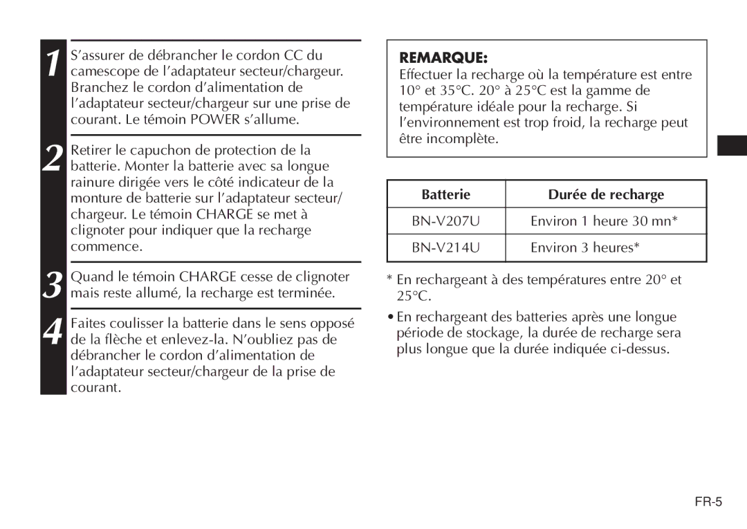 JVC AA-V20EG/EK manual Remarque, Batterie Durée de recharge 