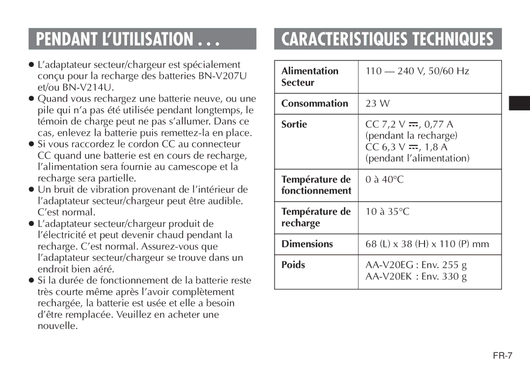 JVC AA-V20EG/EK manual Alimentation, Secteur, Sortie, Recharge Dimensions, Poids 