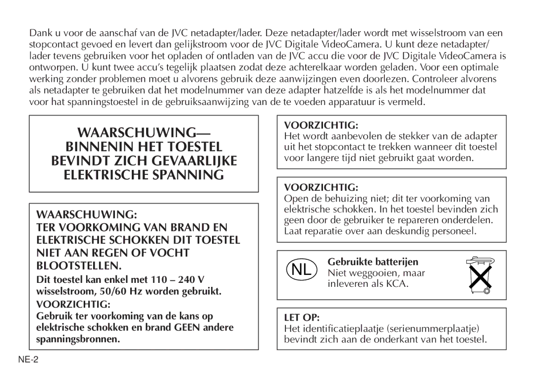 JVC AA-V20EG/EK manual Voorzichtig, Gebruikte batterijen, Let Op 