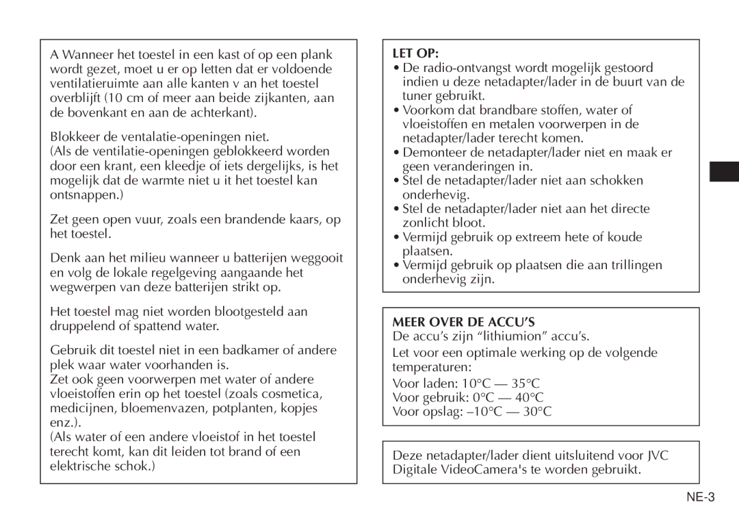 JVC AA-V20EG/EK manual Let Op 