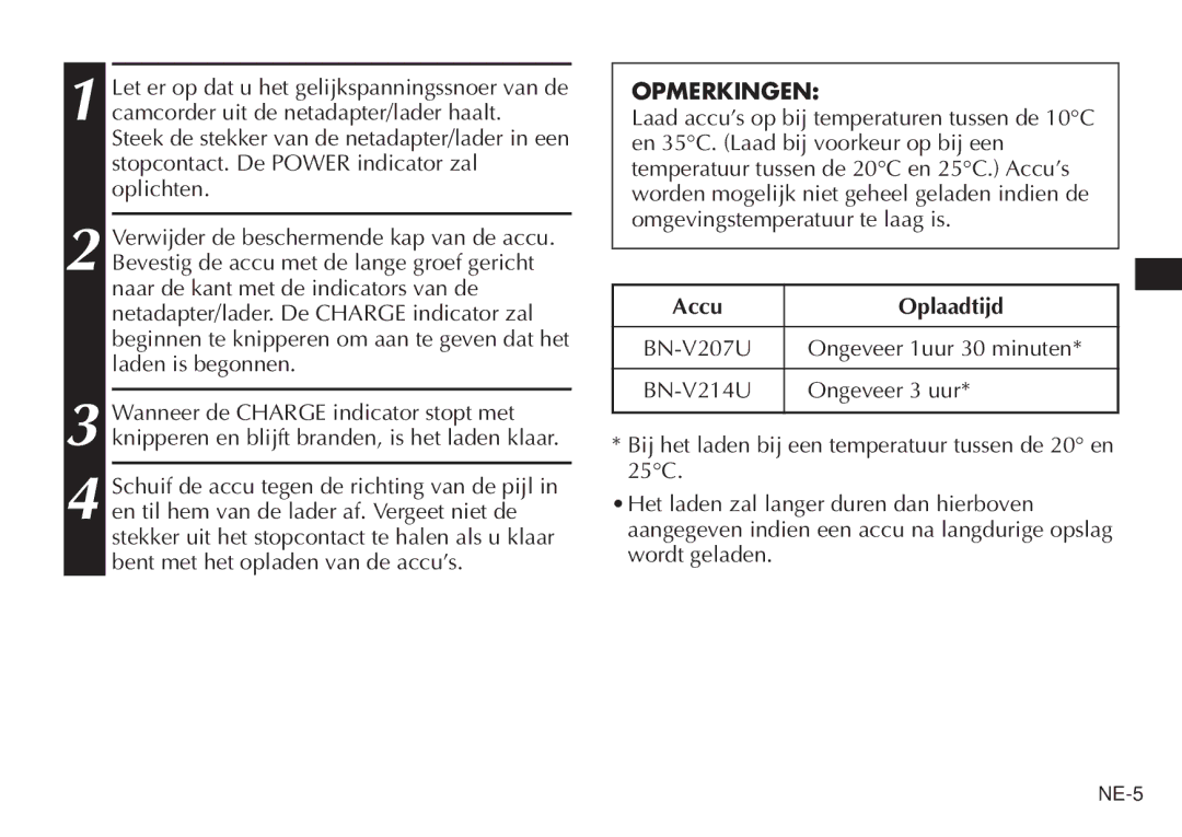 JVC AA-V20EG/EK manual Opmerkingen, Accu Oplaadtijd 