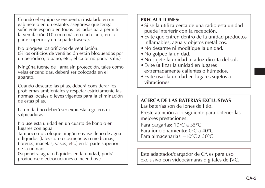 JVC AA-V20EG/EK manual Precauciones, Acerca DE LAS Baterias Exclusivas 