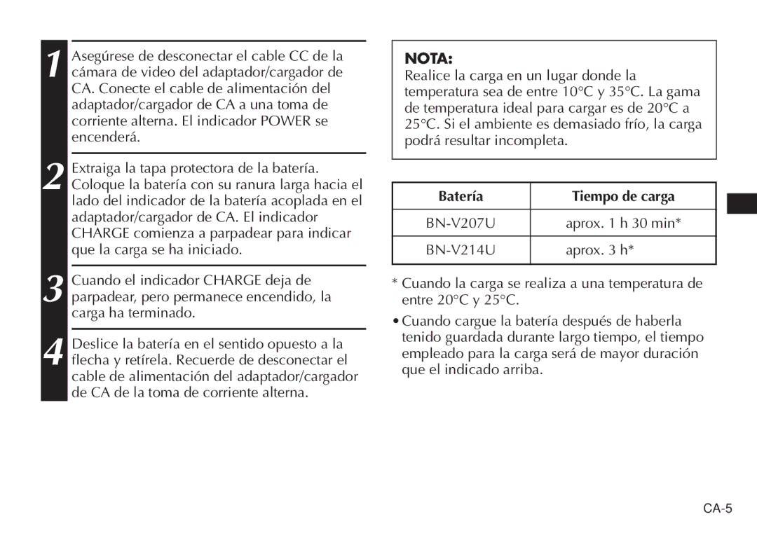 JVC AA-V20EG/EK manual Nota, Batería Tiempo de carga 