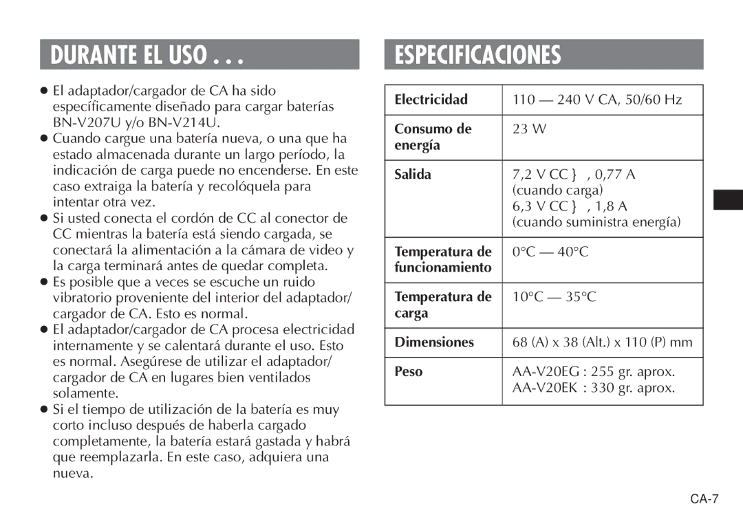 JVC AA-V20EG/EK manual Durante EL USO, Especificaciones 