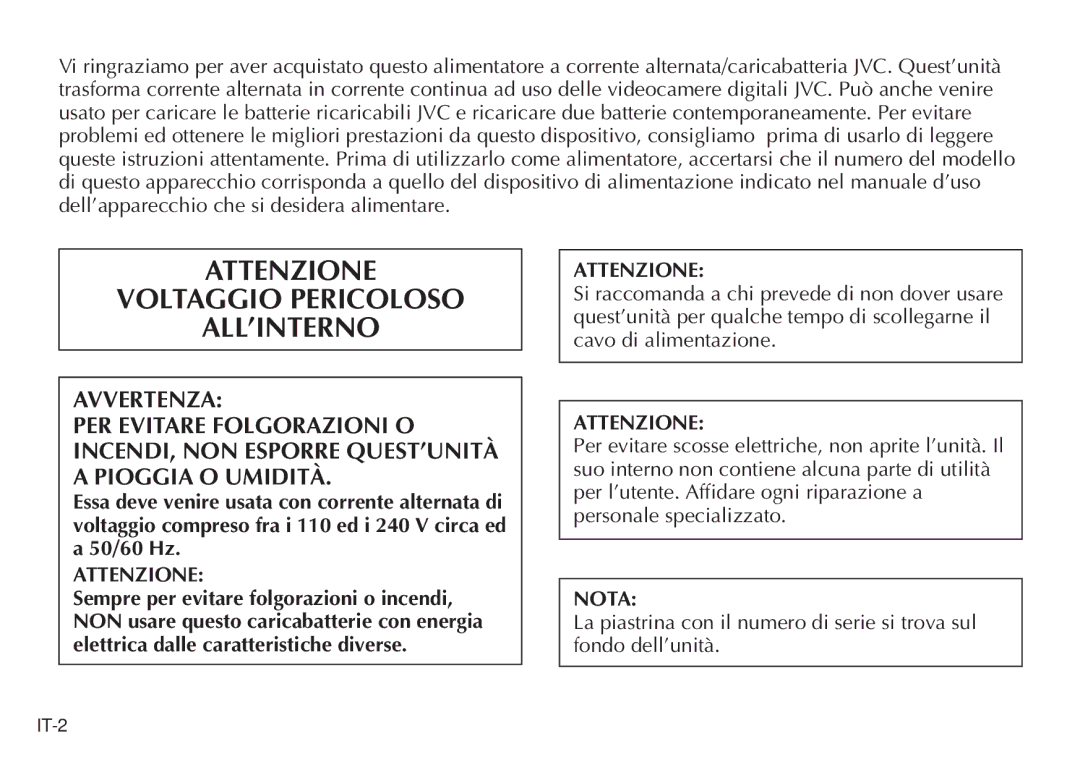 JVC AA-V20EG/EK manual Attenzione Voltaggio Pericoloso ALL’INTERNO 