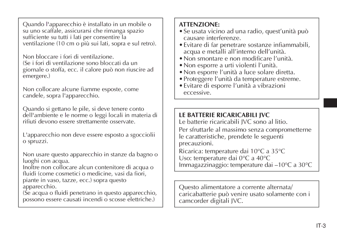 JVC AA-V20EG/EK manual LE Batterie Ricaricabili JVC 