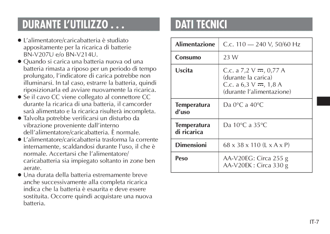 JVC AA-V20EG/EK manual Durante L’UTILIZZO, Dati Tecnici 