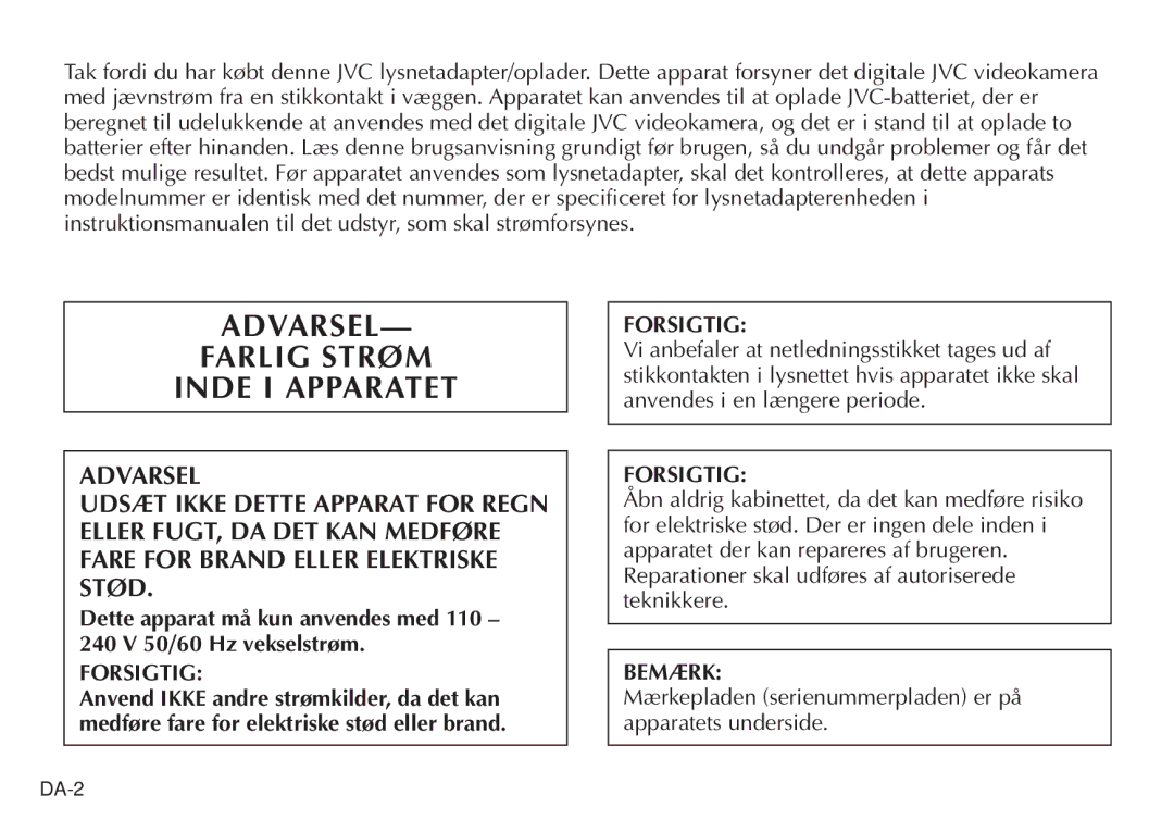 JVC AA-V20EG/EK manual Farlig Strøm Inde I Apparatet, Forsigtig, Bemærk 