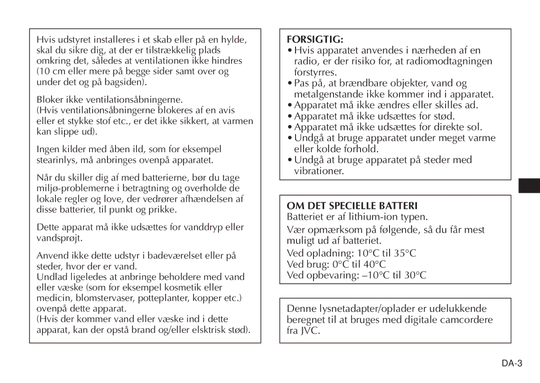 JVC AA-V20EG/EK manual OM DET Specielle Batteri Batteriet er af lithium-ion typen 