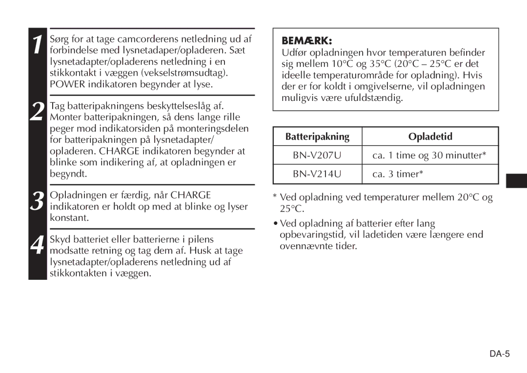 JVC AA-V20EG/EK manual Bemærk, Batteripakning Opladetid 