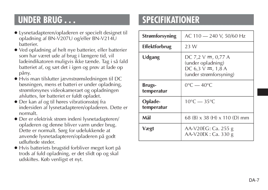 JVC AA-V20EG/EK manual Under Brug, Specifikationer 