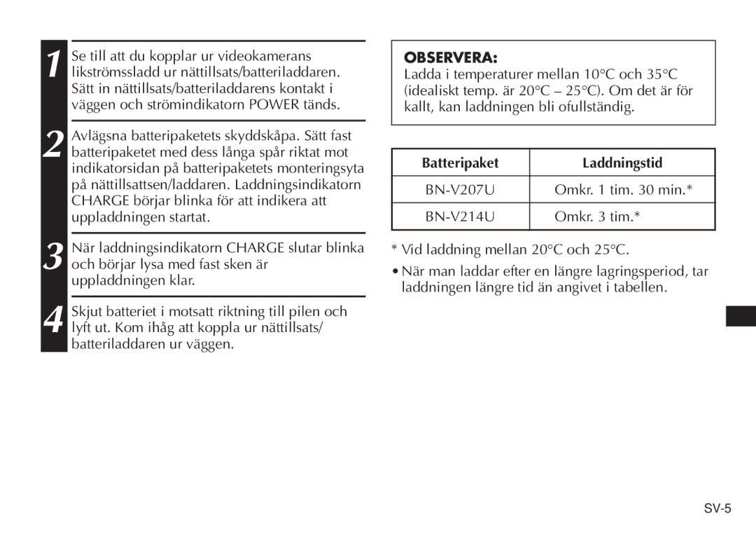 JVC AA-V20EG/EK manual Batteripaket Laddningstid 