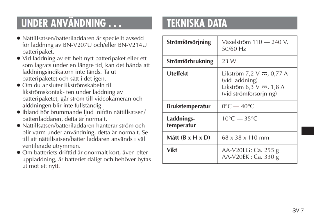 JVC AA-V20EG/EK manual Under Användning, Tekniska Data 