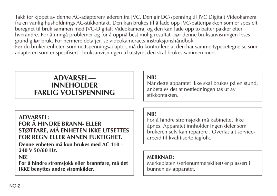 JVC AA-V20EG/EK manual Inneholder Farlig Voltspenning, Merknad 