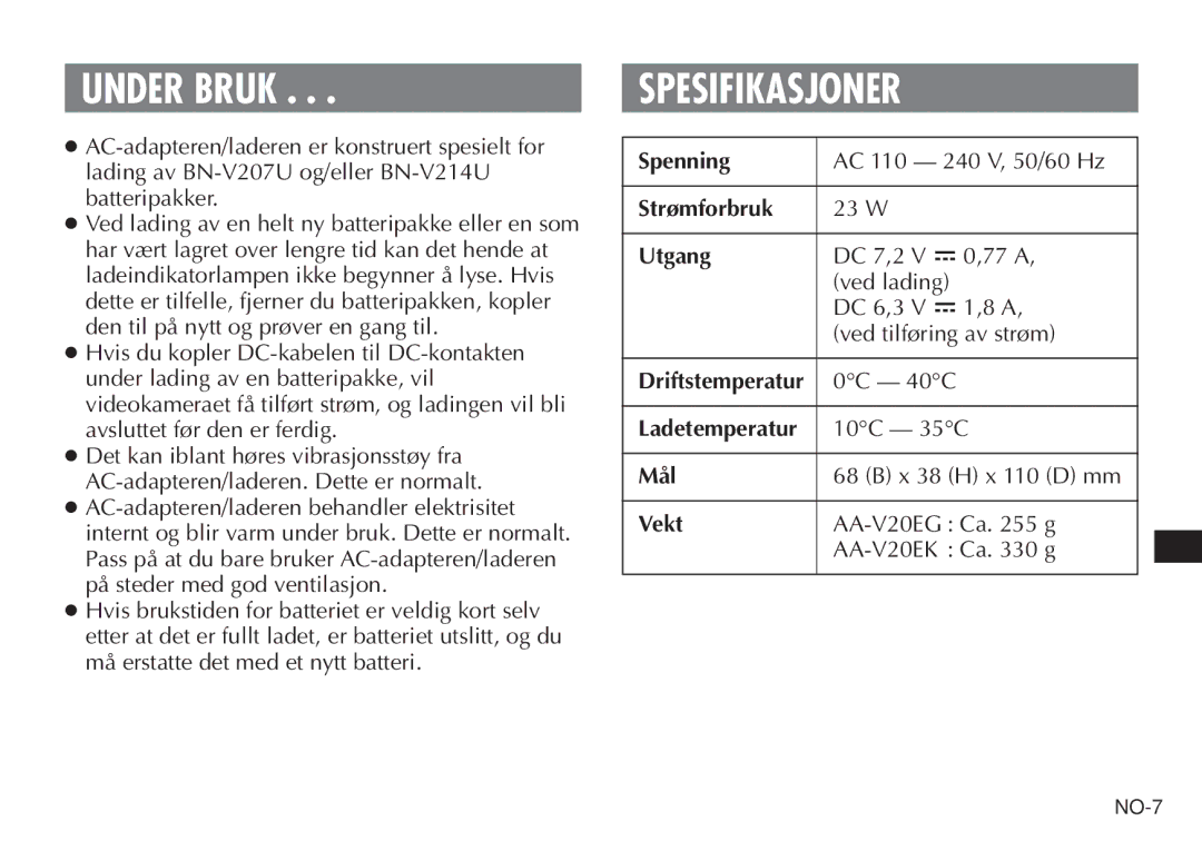 JVC AA-V20EG/EK manual Under Bruk, Spesifikasjoner 