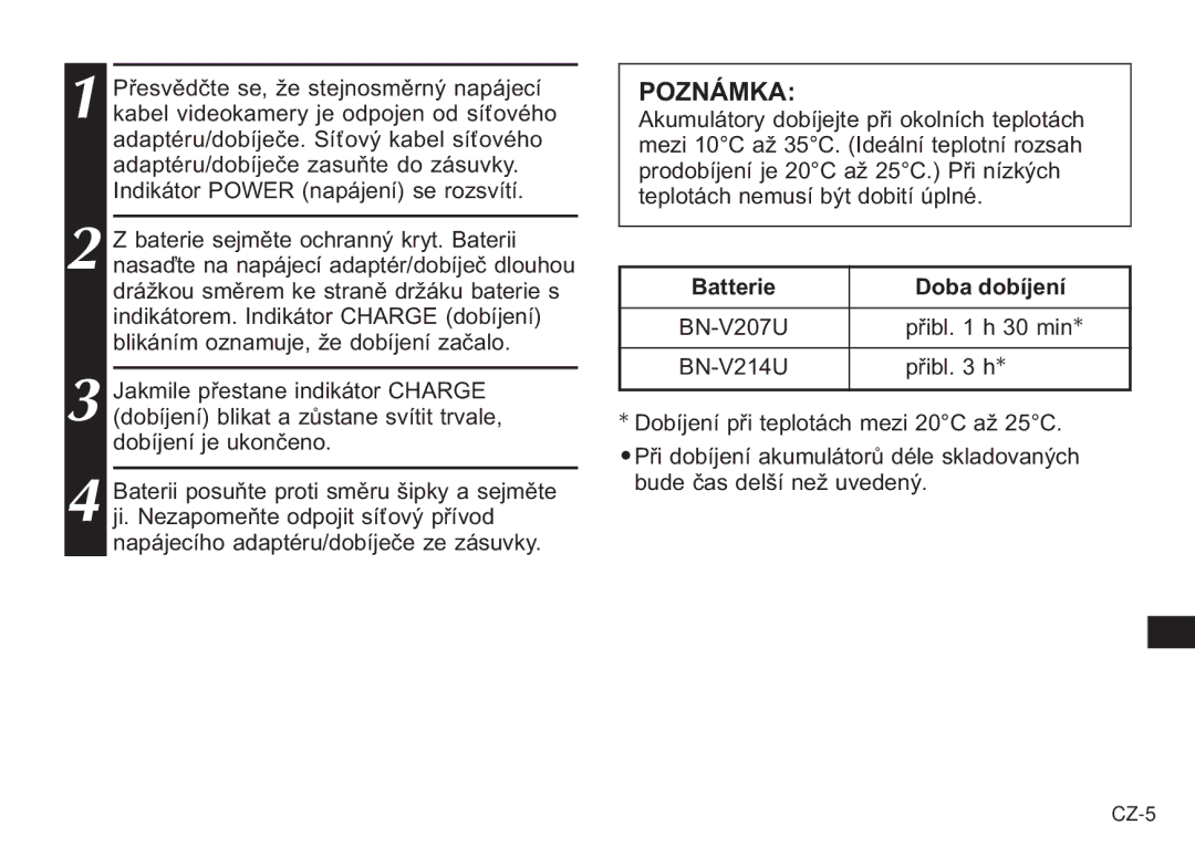 JVC AA-V20EG/EK manual Poznámka, Batterie Doba dobíjení 