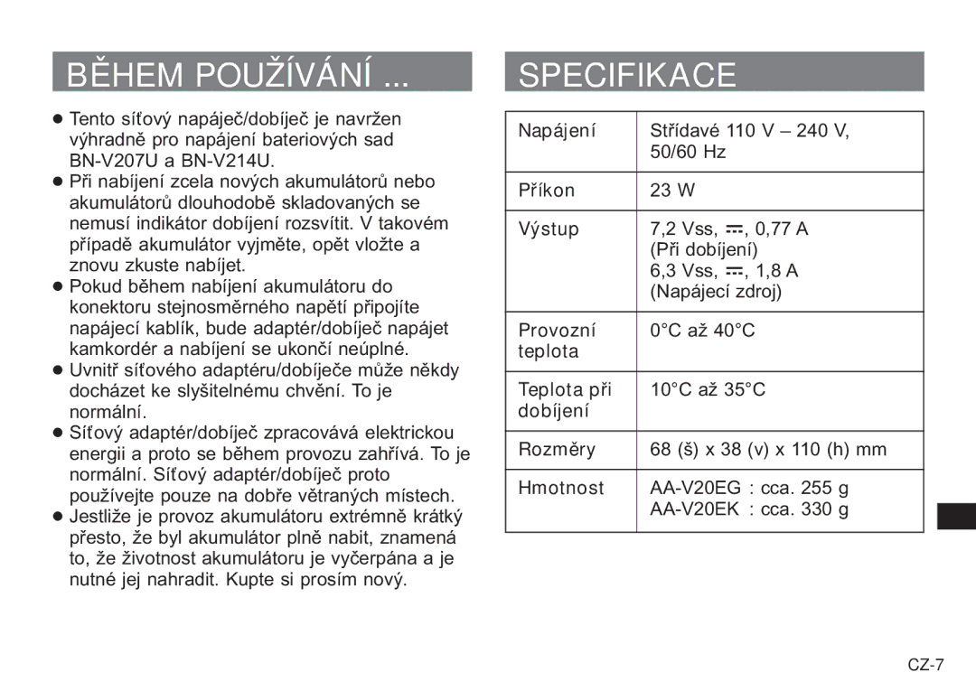 JVC AA-V20EG/EK manual Během Používání, Specifikace 