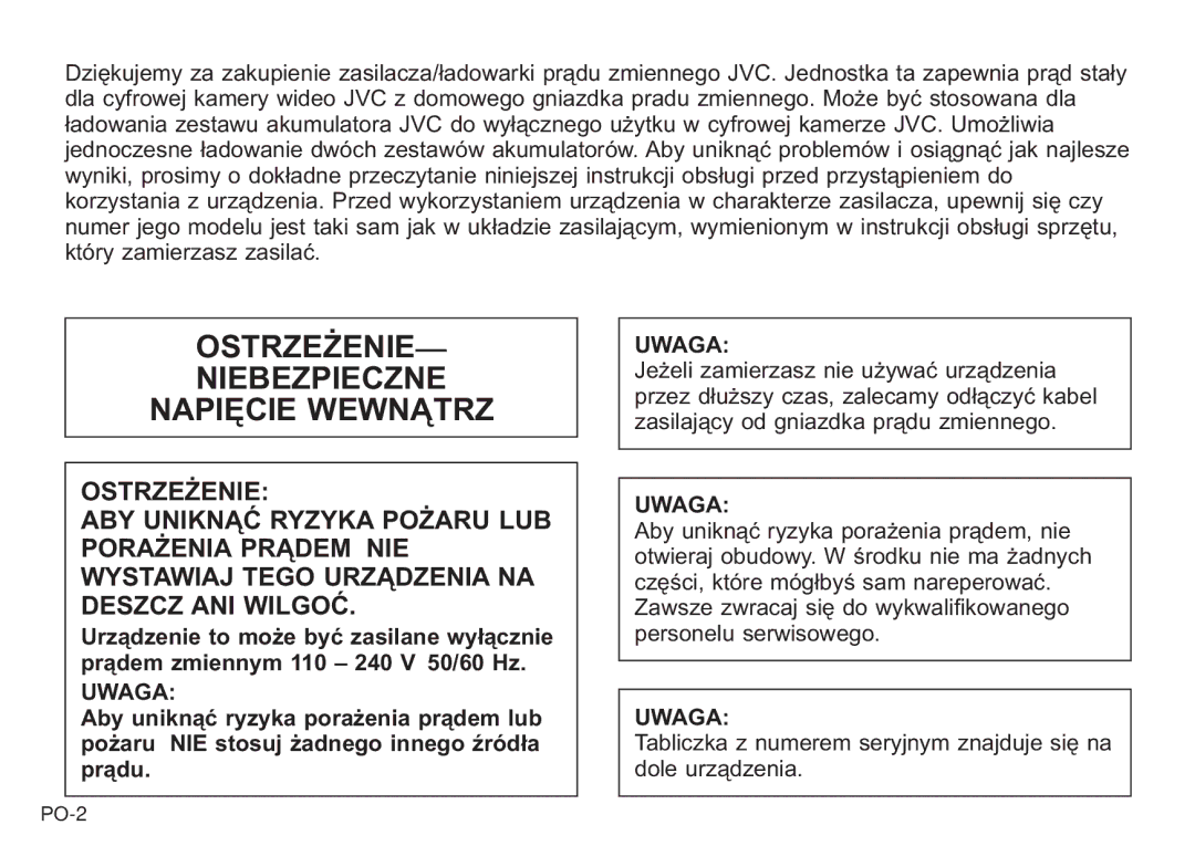 JVC AA-V20EG/EK manual Ostrzeżenie Niebezpieczne Napięcie Wewnątrz, Uwaga 