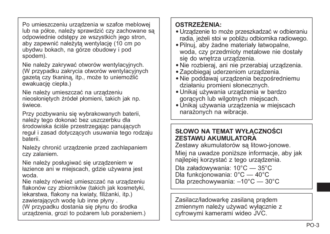 JVC AA-V20EG/EK manual Ostrzeżenia, Słowo NA Temat Wyłączności Zestawu Akumulatora 