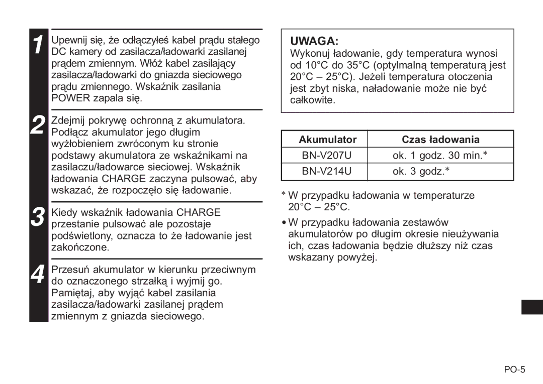 JVC AA-V20EG/EK manual Uwaga, Akumulator Czas ładowania 