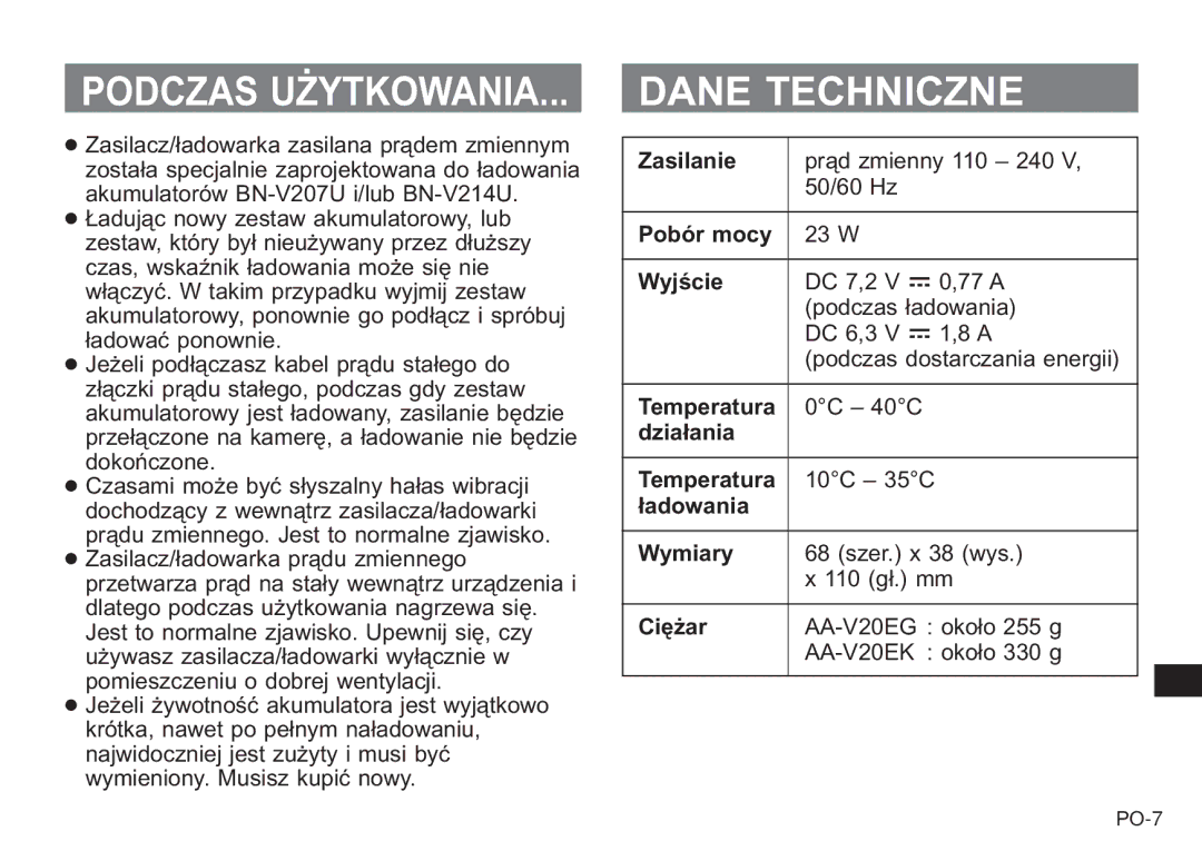 JVC AA-V20EG/EK manual Dane Techniczne 