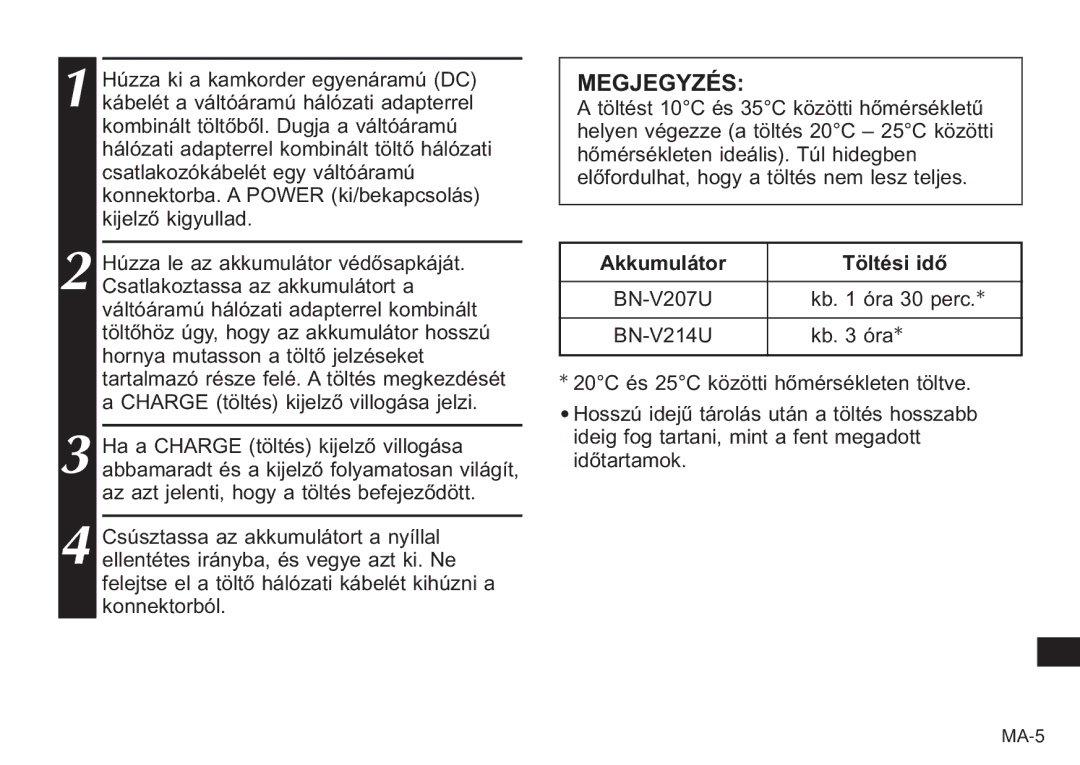 JVC AA-V20EG/EK manual Megjegyzés, Akkumulátor Töltési idő 