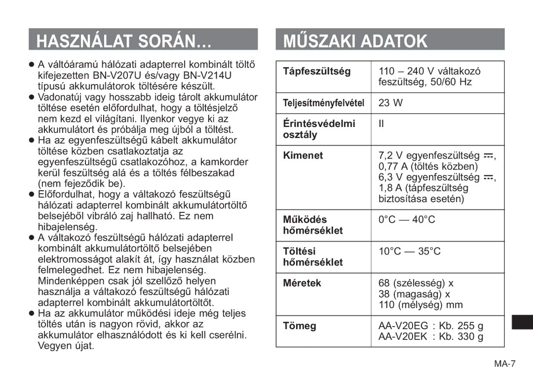 JVC AA-V20EG/EK manual Használat SORÁN…, Műszaki Adatok 