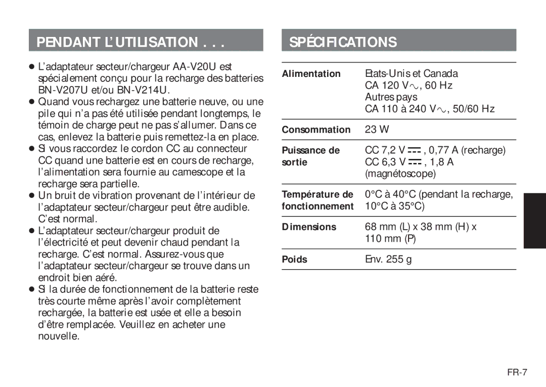 JVC AA V20U manual Spécifications, Pendant L’UTILISATION 