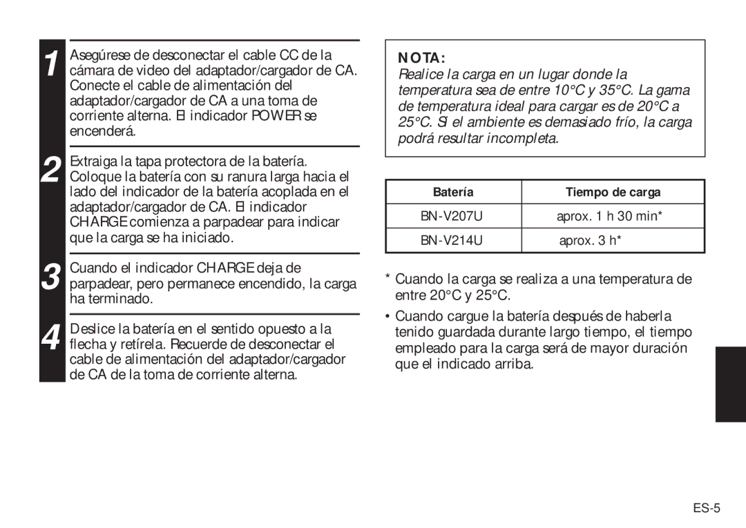 JVC AA V20U manual Batería Tiempo de carga 